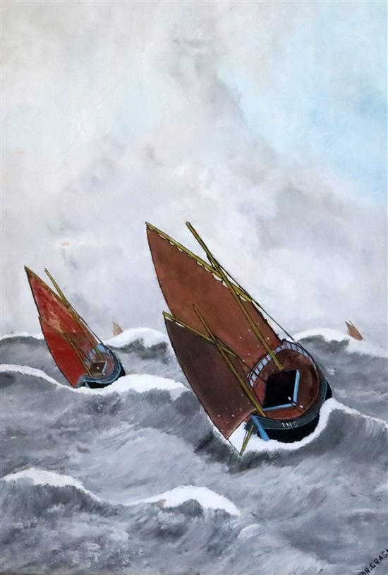 John Craske (1881-1945), gouache on paper, Fishing smacks in rough seas, 55 x 39.5cm